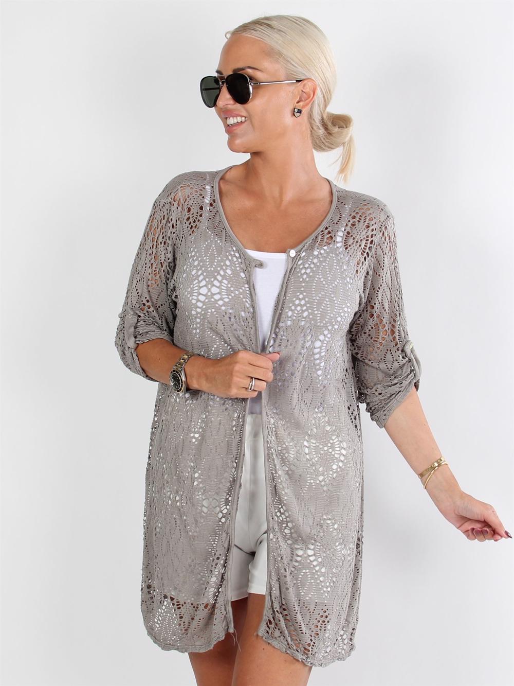 Long Madelyn - Armygrøn cardigan i hæklet look